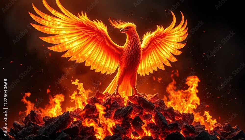 Fototapeta premium Fiery Phoenix Rising from Embers: A Digital Painting of Mythical Rebirth