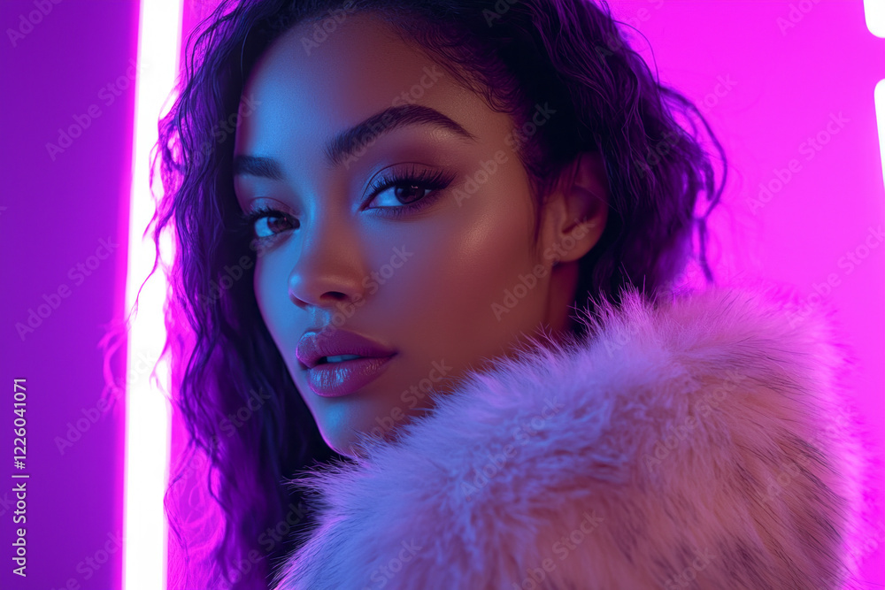 Chic African American woman in a fashionable fur coat gazes confidently at the camera illuminated by vibrant violet neon stripes in a captivating urban setting. Chic African American woman in a fashionable fur coat gazes confidently at the camera illuminated by vibrant violet neon stripes in a captivating urban setting.
