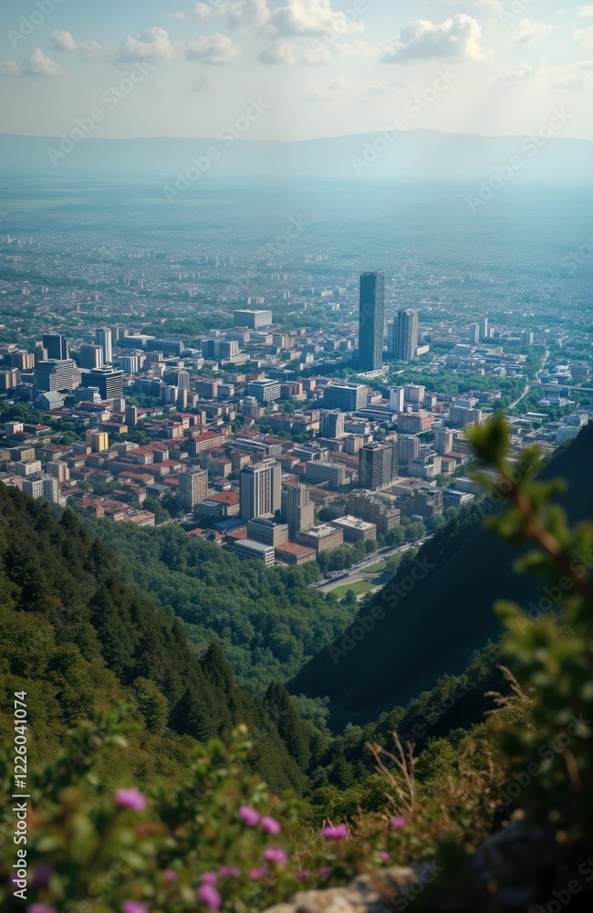 Obraz premium Panoramic view of Sofia city from Vitosha mountain. Urban landscape with buildings, skyscrapers. Rich green forests surround city. Sunny day with partly cloudy sky. Beautiful summer scenery in Europe.