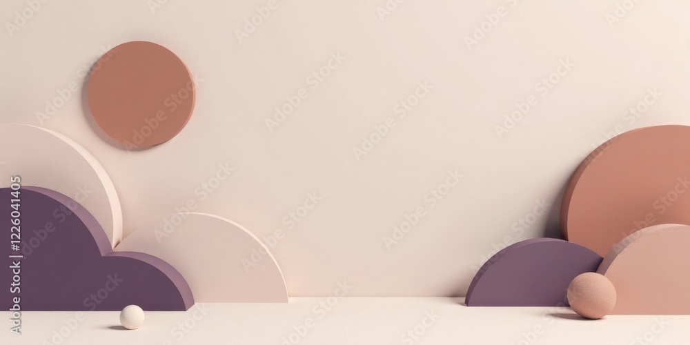 Fototapeta premium Abstract Minimalist Composition Featuring Pastel-Colored Geometric Shapes and Small Spheres on a Neutral Background