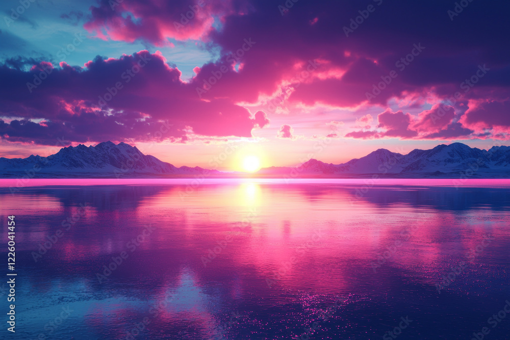 Fototapeta premium Stunning Neon Sunset Over Salar de Uyuni A Vibrant Pink and Blue Sky Reflected in the Tranquil Waters of Bolivia's Salt Flat.