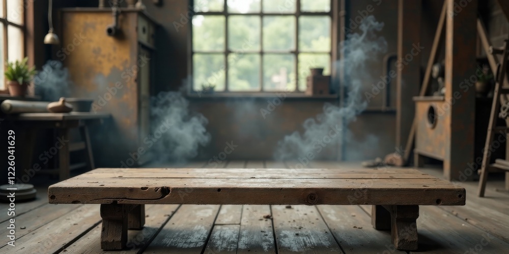 Rustic wooden table in a dimly lit workshop with hazy atmosphere, showcasing aged textures and vintage industrial elements Rustic wooden table in a dimly lit workshop with hazy atmosphere, showcasing aged textures and vintage industrial elements