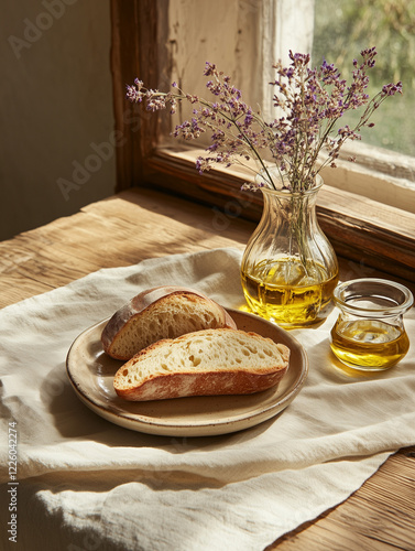 A rustic dining table set for one: handmade pottery plate with artisan bread, olive oil in a glass cruet, dried wildflowers in a vase, textured linen placemat -