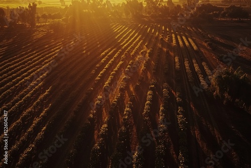 Aerial View of Agricultural Fields at Sunrise with Golden Light Casting Long Shadows Over Rows of Crops and Utmost Tranquility in Nature's Embrace photo