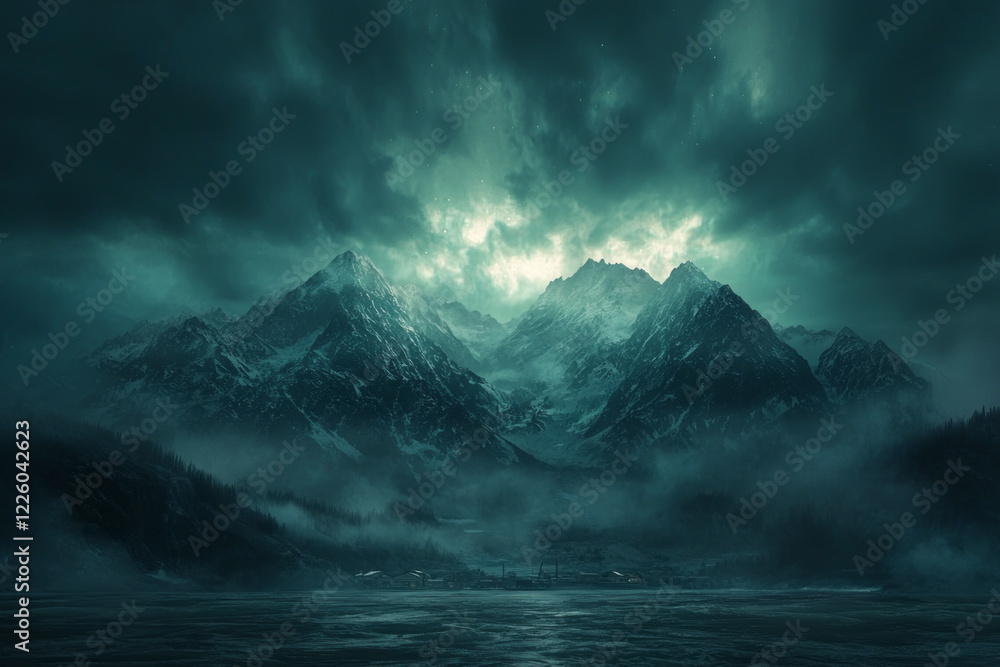 Fototapeta premium Aurora Borealis Dances Through Cloudy Skies Over Alaskan Mountains Near Anchorage Casting a Magical Glow on the Nightscape of the USA