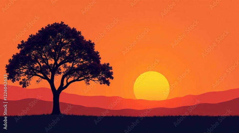 Serene Sunset Landscape Featuring a Solitary Tree Silhouette Against a Vibrant Orange Sky and Rolling Hills Serene Sunset Landscape Featuring a Solitary Tree Silhouette Against a Vibrant Orange Sky and Rolling Hills