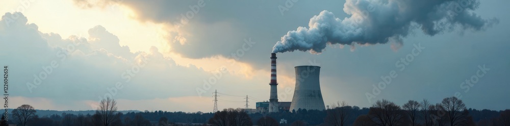 Grey plume rising from industrial stack against overcast sky , elevation, grey Grey plume rising from industrial stack against overcast sky , elevation, grey