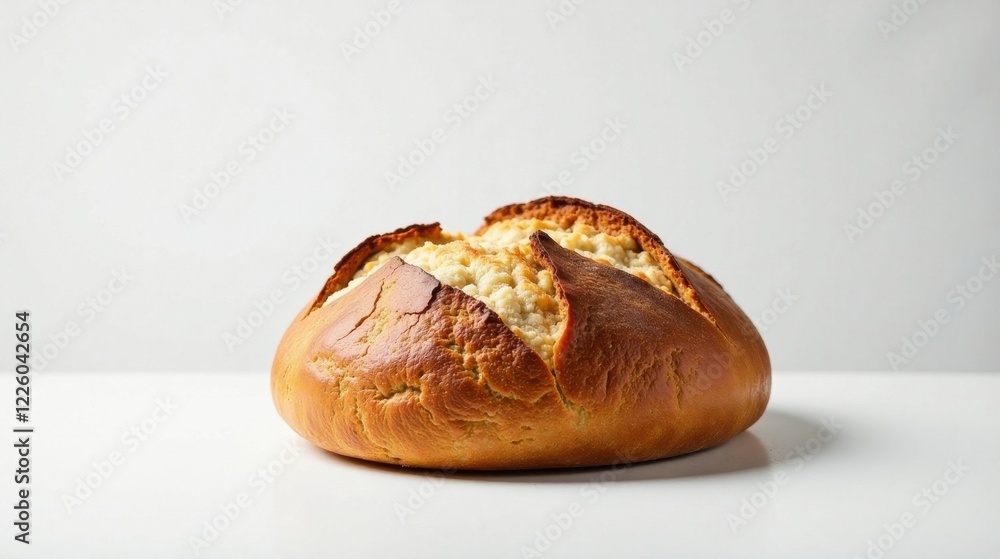 Golden-brown Crusty Loaf of Bread with Flaky Interior, Baked to Perfection, Showing Delicious Texture and Aroma on White Surface Golden-brown Crusty Loaf of Bread with Flaky Interior, Baked to Perfection, Showing Delicious Texture and Aroma on White Surface