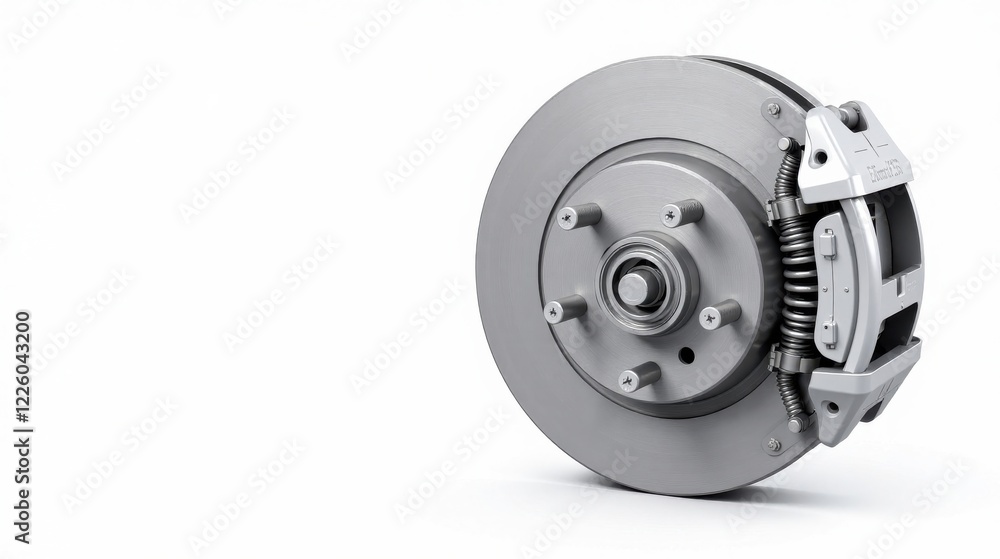 Detailed automotive disc brake assembly with caliper and rotor isolated on a white background Detailed automotive disc brake assembly with caliper and rotor isolated on a white background