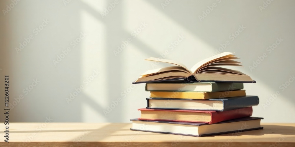 A stack of books bathed in sunlight, featuring an open book resting on top, symbolizing knowledge, learning, and the joy of reading. A stack of books bathed in sunlight, featuring an open book resting on top, symbolizing knowledge, learning, and the joy of reading.