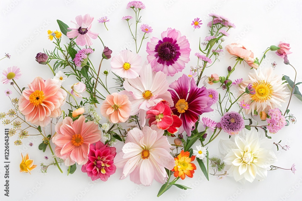 Cheerful and bright composition is created with a carefully arranged vibrant array of flowers on a white backdrop Cheerful and bright composition is created with a carefully arranged vibrant array of flowers on a white backdrop