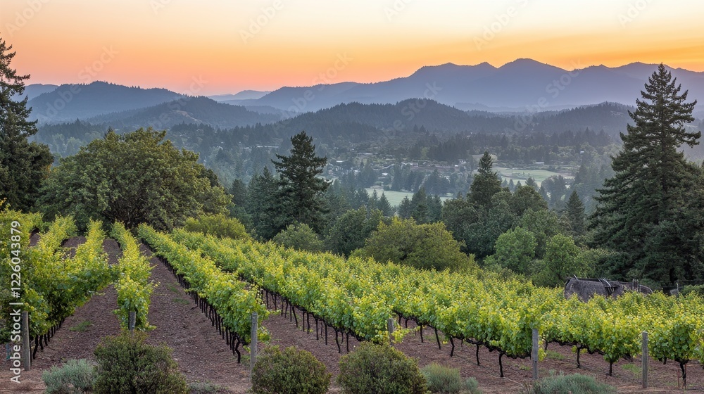Fototapeta premium Vineyard Sunset Over Rolling Mountain Landscape