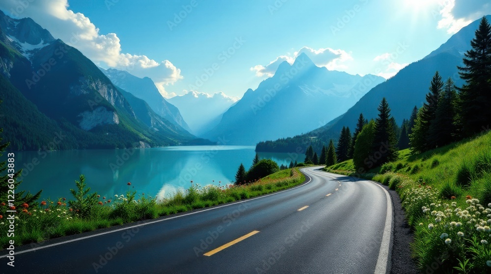 Scenic mountain road winding along a pristine lake, surrounded by lush greenery and majestic peaks under a vibrant blue sky Scenic mountain road winding along a pristine lake, surrounded by lush greenery and majestic peaks under a vibrant blue sky