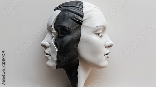 Dual-faced black and white sculpture blending male and female features, placed on a neutral background, symbolizing balance and duality photo