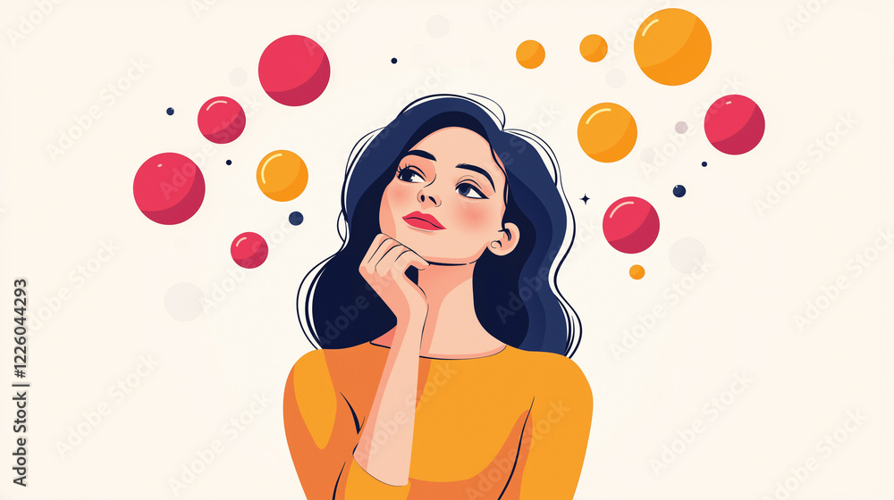 Thoughtful young woman with dark hair in modern digital illustration, creative female portrait with abstract bubbles, artistic women’s day celebration concept, colorful contemporary design Thoughtful young woman with dark hair in modern digital illustration, creative female portrait with abstract bubbles, artistic women’s day celebration concept, colorful contemporary design