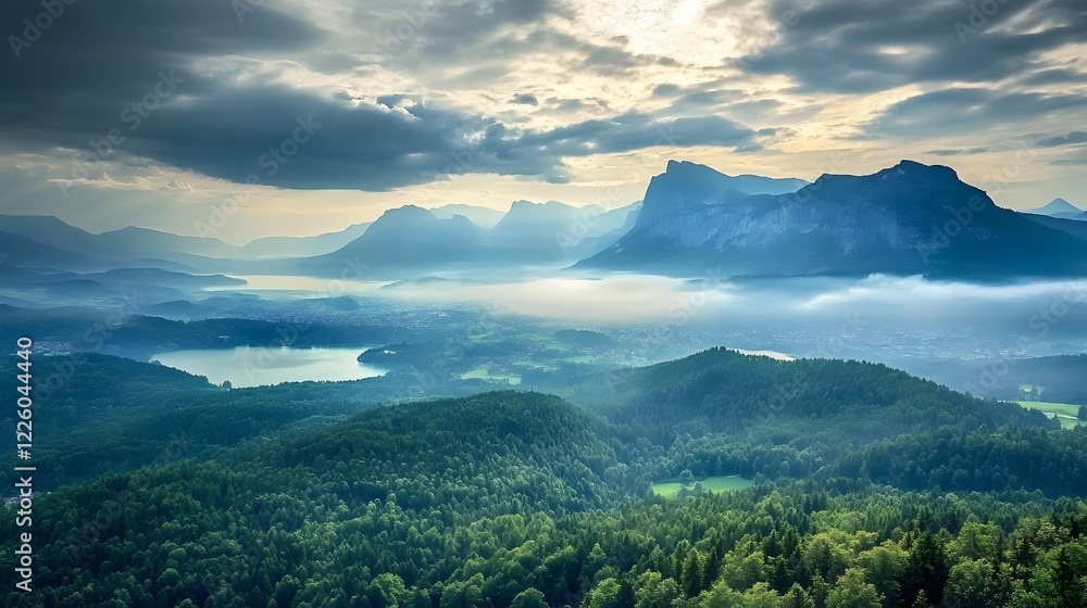 Fototapeta premium Majestic Mountain Landscape with Foggy Valley and Lush Green Forest