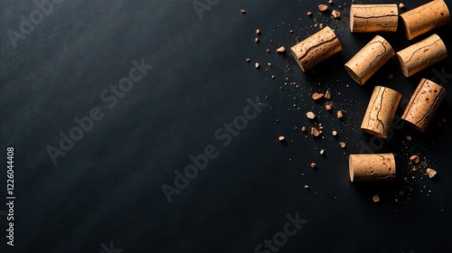 Dark Background with Scattered Wine Corks and Crumbs, Ideal for Advertisement or Festive Designs