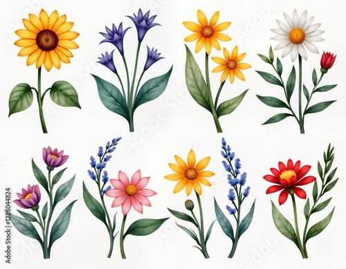 Wallpaper Mural Colorful floral arrangement set featuring various blossoms. Vibrant flowers in yellow, purple, pink, red, white with green leaves. Isolated on white background. Artistic illustration style suggests Torontodigital.ca