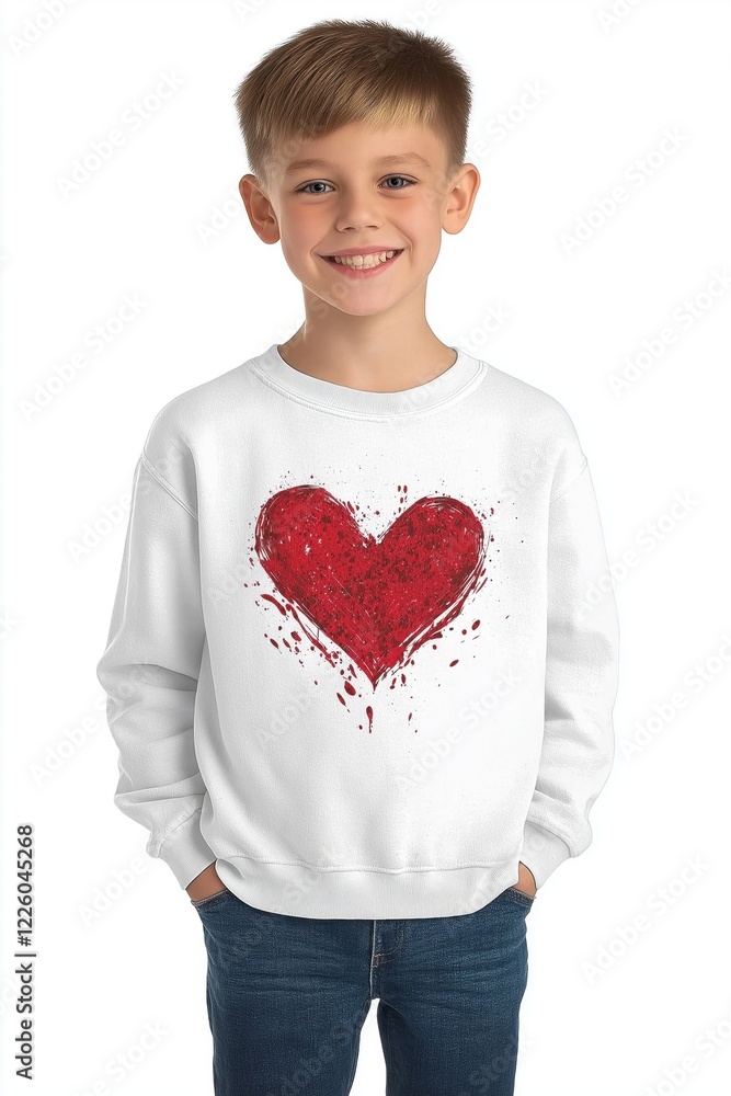 Young boy wearing a white sweatshirt with a red heart design Young boy wearing a white sweatshirt with a red heart design