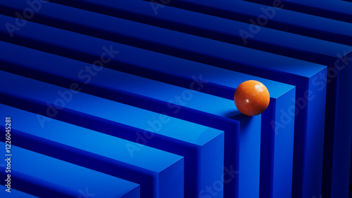 Orange sphere on blue layers in abstract design photo