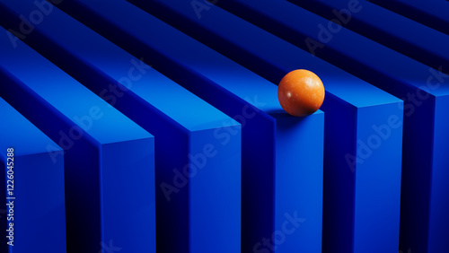 Orange sphere resting on blue geometric shapes.