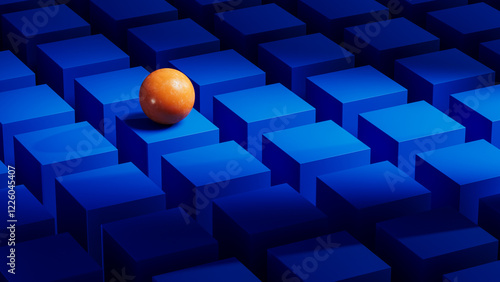 Orange sphere rests on blue geometric shapes in 3D.