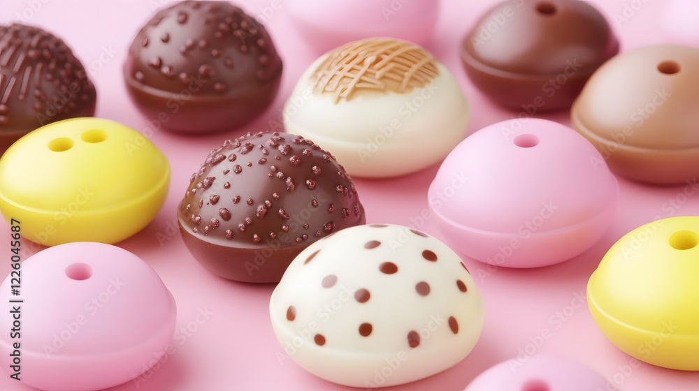 Obraz premium Assorted Chocolate Candy Buttons Pink Background