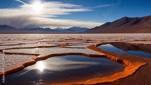 Breathtaking view of Chile's stunning salt flats at sunset reflecting the vibrant colors of the landscape and the serene atmosphere of the Andes mountains