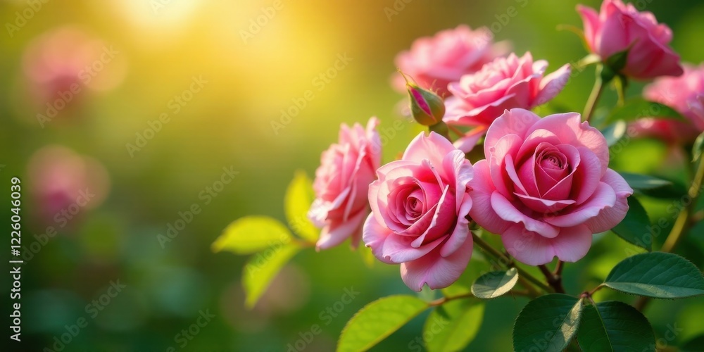 Delicate Pink Roses Bask in the Warm Golden Sunlight of a Serene Garden Delicate Pink Roses Bask in the Warm Golden Sunlight of a Serene Garden