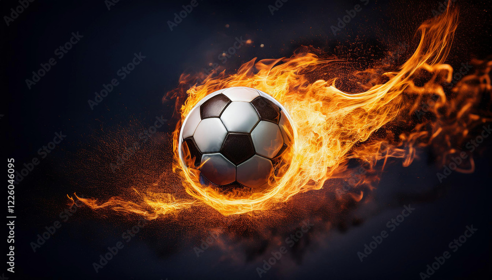 Fototapeta premium A burning soccer ball engulfed in dramatic orange flames appears to soar through a dark background.