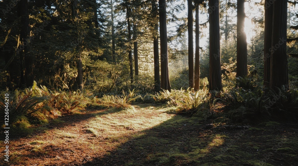 Obraz premium Sunlight Illuminates Mossy Forest Floor Through Tall Trees