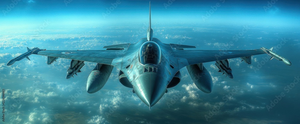 Fototapeta premium Grey Fighter Jet Soaring Above Blue Sky and Clouds