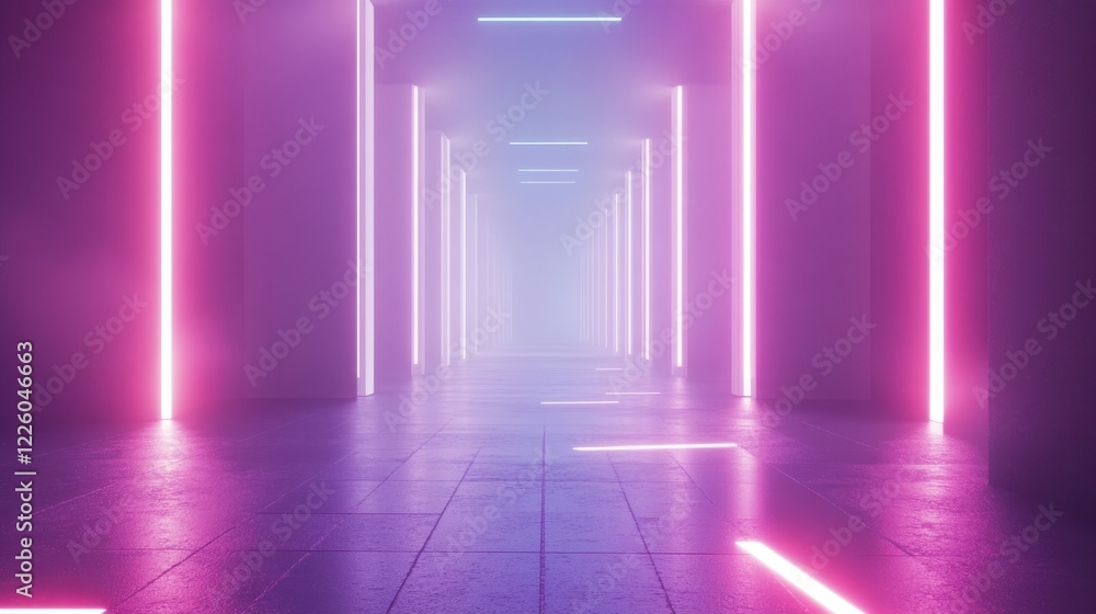 Futuristic corridor illuminated by vibrant pink and blue neon lights