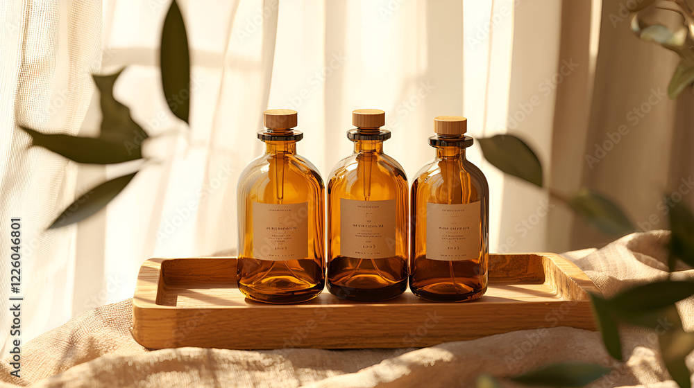 Three amber glass bottles with minimalist labels sit on a wooden tray, bathed in sunlight. Three amber glass bottles with minimalist labels sit on a wooden tray, bathed in sunlight.
