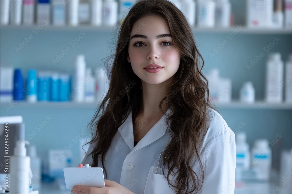 Smiling Young Pharmacist With Digital Tablet in a Modern Pharmacy, Healthcare and Medicine Concept Smiling Young Pharmacist With Digital Tablet in a Modern Pharmacy, Healthcare and Medicine Concept