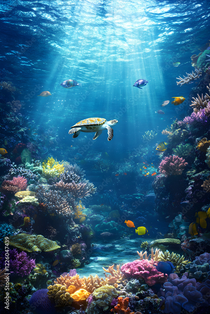 Fototapeta premium Serene Submarine Sanctuary: A Vibrant Coral Reef Brimming with Aquatic Life under Sunlit Waters