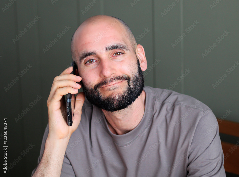 Smiling Bearded Man Talking on Phone – Casual and Friendly Conversation Smiling Bearded Man Talking on Phone – Casual and Friendly Conversation