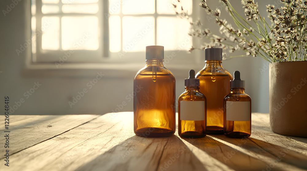 Amber bottles of essential oils sit on a wooden table, bathed in sunlight, next to a vase of dried lavender. Amber bottles of essential oils sit on a wooden table, bathed in sunlight, next to a vase of dried lavender.