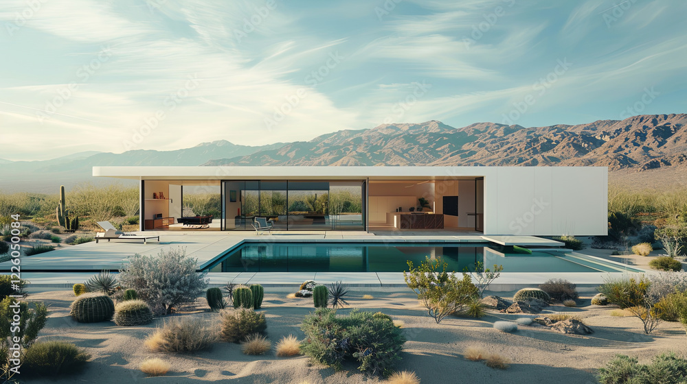 Fototapeta premium Minimalist White Cube House in a Serene Desert Landscape