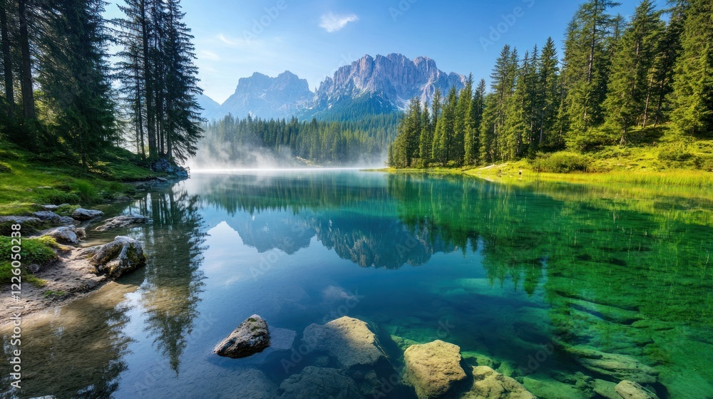 Majestic Mountain Reflected in Serene Lake with Mist and Lush Green Forest Landscape Majestic Mountain Reflected in Serene Lake with Mist and Lush Green Forest Landscape