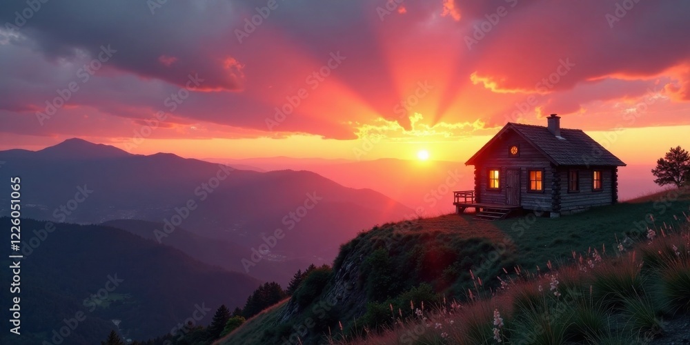 Fototapeta premium Serene Mountaintop Cabin at Sunset A Peaceful Retreat in the Hills