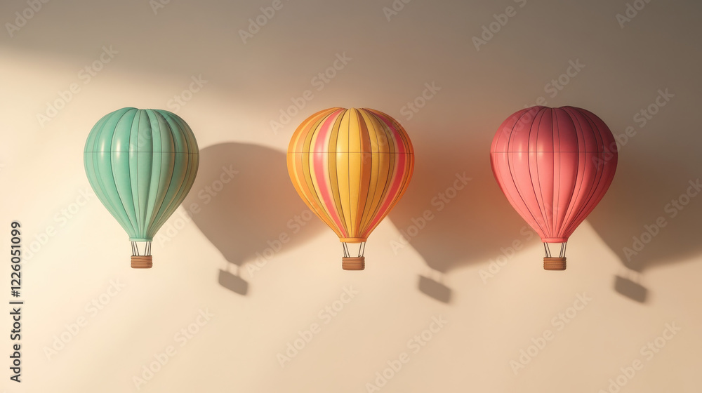 Obraz premium A photographic art of three hot air balloons in contrasting bright colors, illuminated vividly, hovering gracefully against a muted ivory background