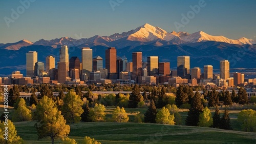 Stunning sunset view over Denver skyline with snow-capped mountains in the background during golden hour