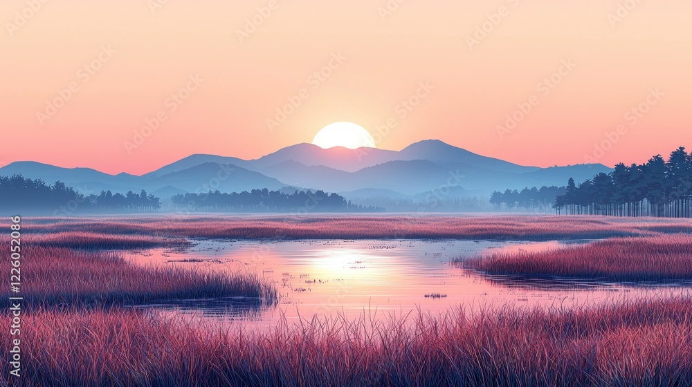 Fototapeta premium Serene Sunset over Misty Mountain Lake