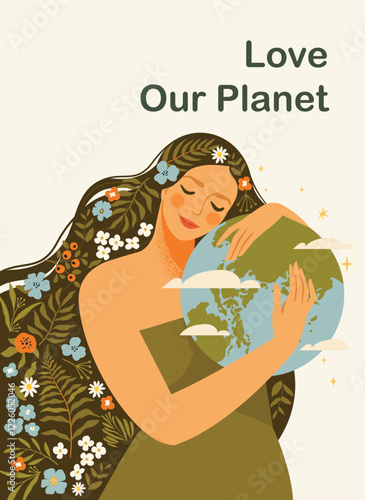 Mother earth as environmental ecological and green planet tiny person concept. Nature biodiversity conservation as care with protection or preservation vector illustration. Ecosystem climate awareness