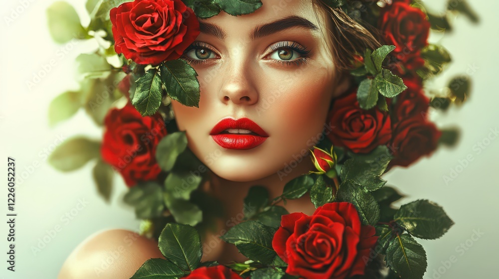 Beautiful woman adorned with red roses, symbolizing love and beauty Beautiful woman adorned with red roses, symbolizing love and beauty