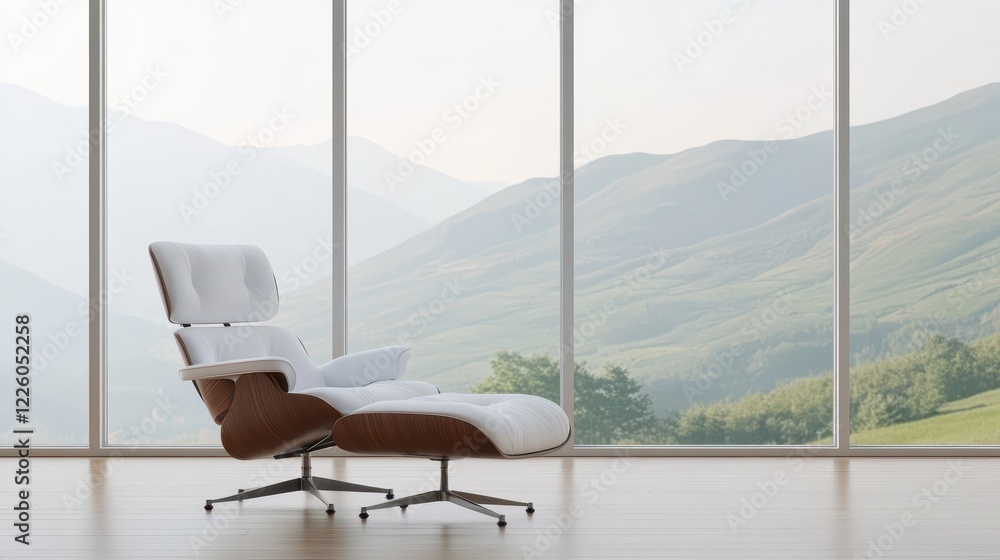 Fototapeta premium Modern Lounge Chair and Ottoman View Mountain Landscape