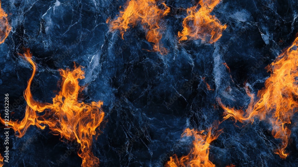 Bright orange flames set against an abstract marble background in deep blue and black tones convey a sense of refinement and bold vitality. Bright orange flames set against an abstract marble background in deep blue and black tones convey a sense of refinement and bold vitality.