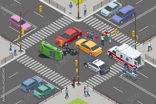 Car crash. Isometric vector illustration of a car accident at an intersection, with police and ambulance present. Injured individuals receiving assistance from paramedics