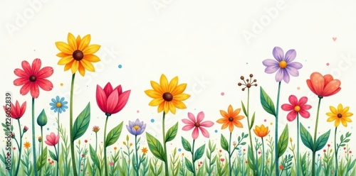 Cute hand-drawn spring flowers, vibrant colors, whimsical style, element, background